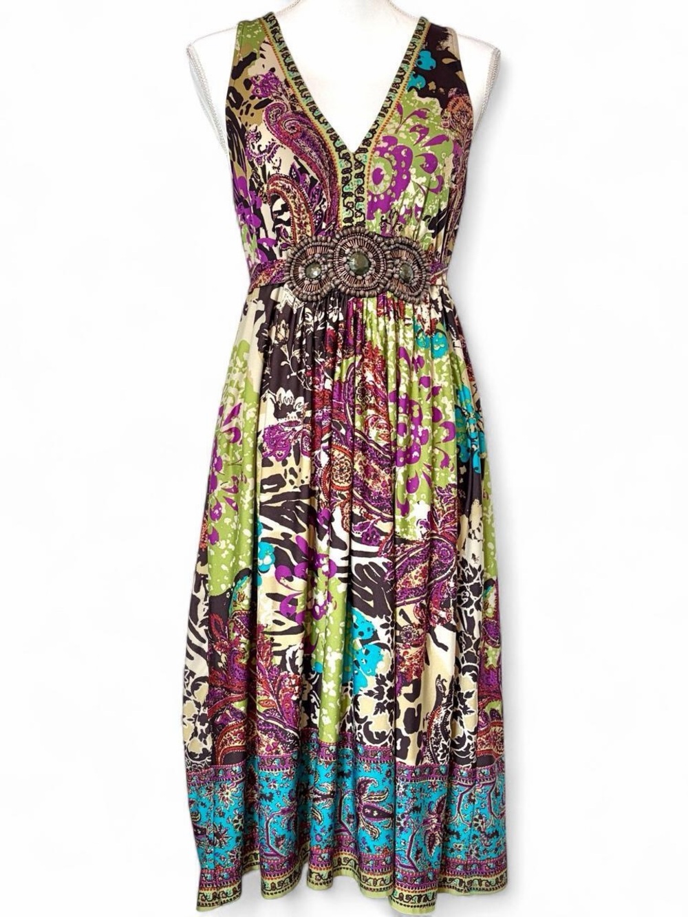 ICE Beaded Empire Waist Multicolor Paisley Sleeveless Tieback Midi Dress XL
